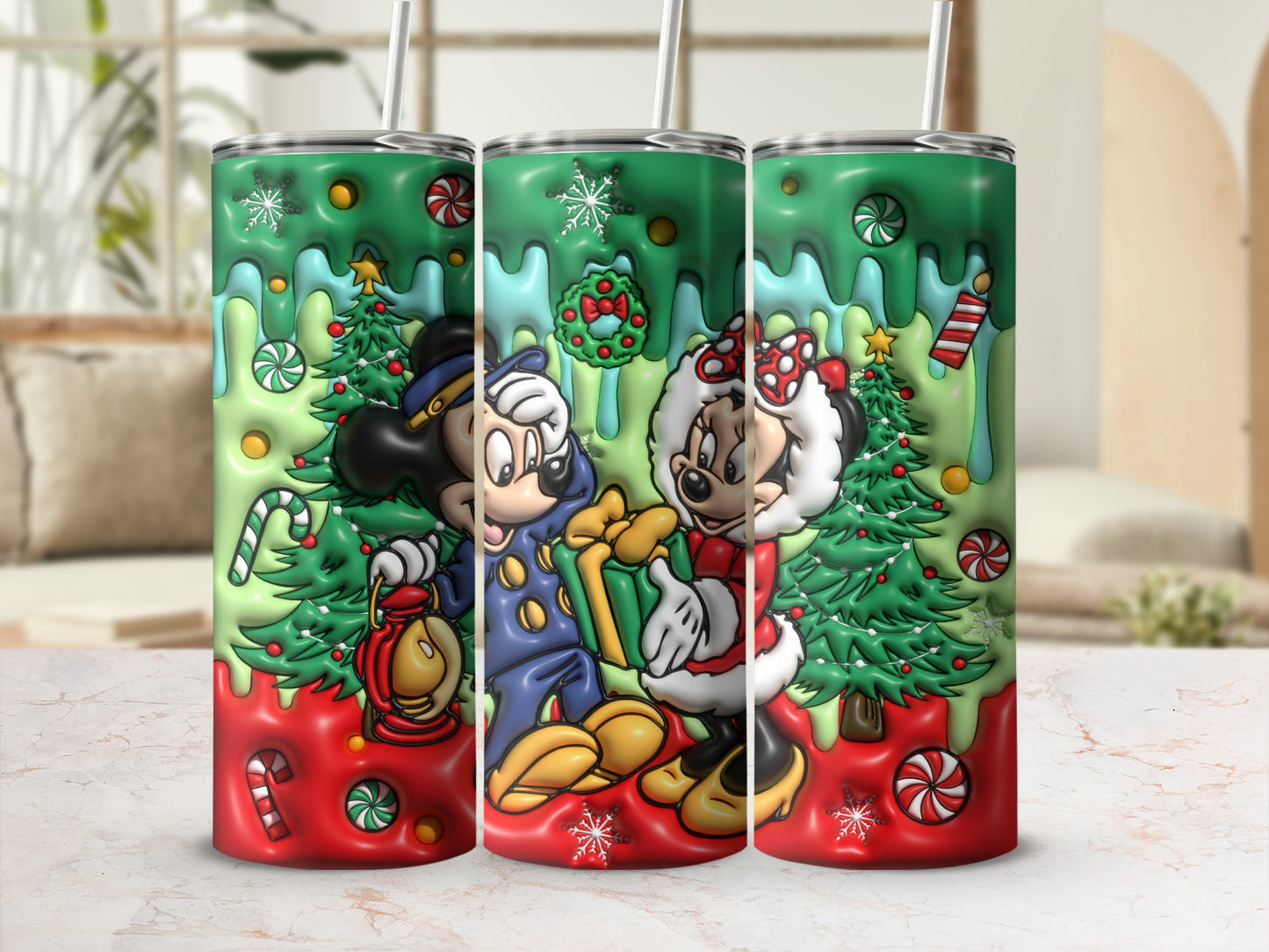 Christmas Themed Tumbler with Festive Cartoon Design