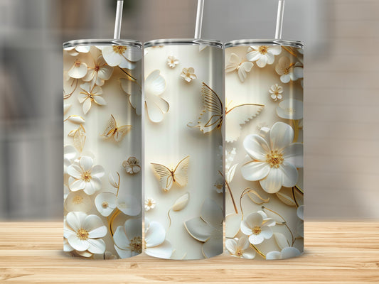 Three white tumblers with embossed floral and butterfly designs.