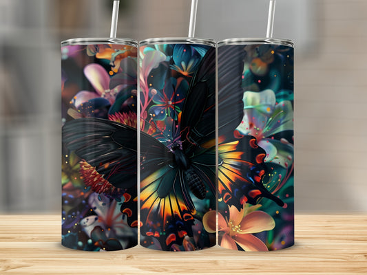 Three tumblers with black butterfly and floral abstract art.