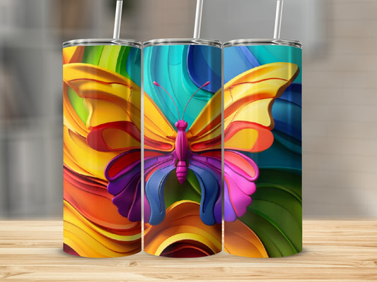 Three tumblers with vibrant, colorful butterfly designs.