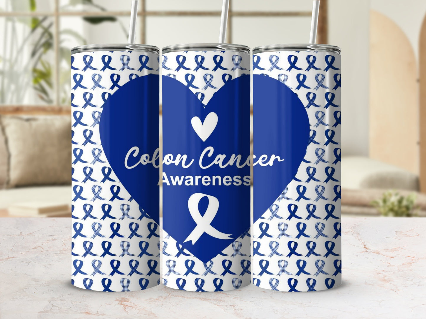 Colon Cancer Awareness Blue Ribbon Design Tumbler Product