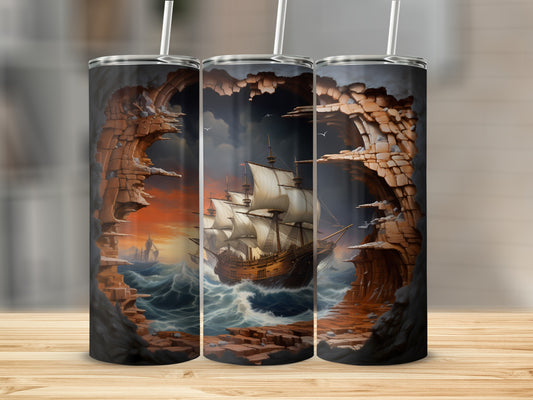 Triptych of a pirate ship sailing through stormy seas framed by rocky arches.