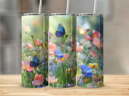 Three tumblers with a floral and butterfly design.