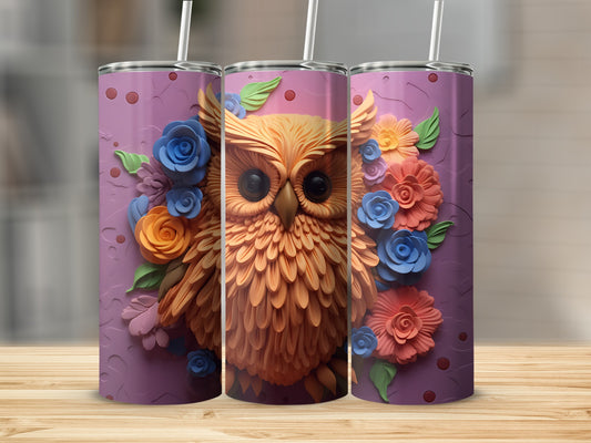 Owl and floral design on three purple tumblers.