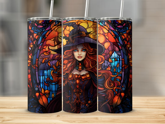 Three tumblers with stained glass witch design and straws.