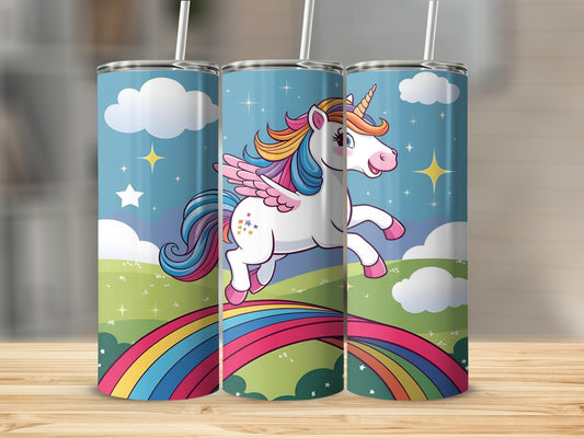Unicorn with rainbow wings jumping over rainbow on a starry sky background.