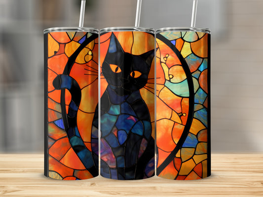 Black cat stained glass design on three tumblers with straws.