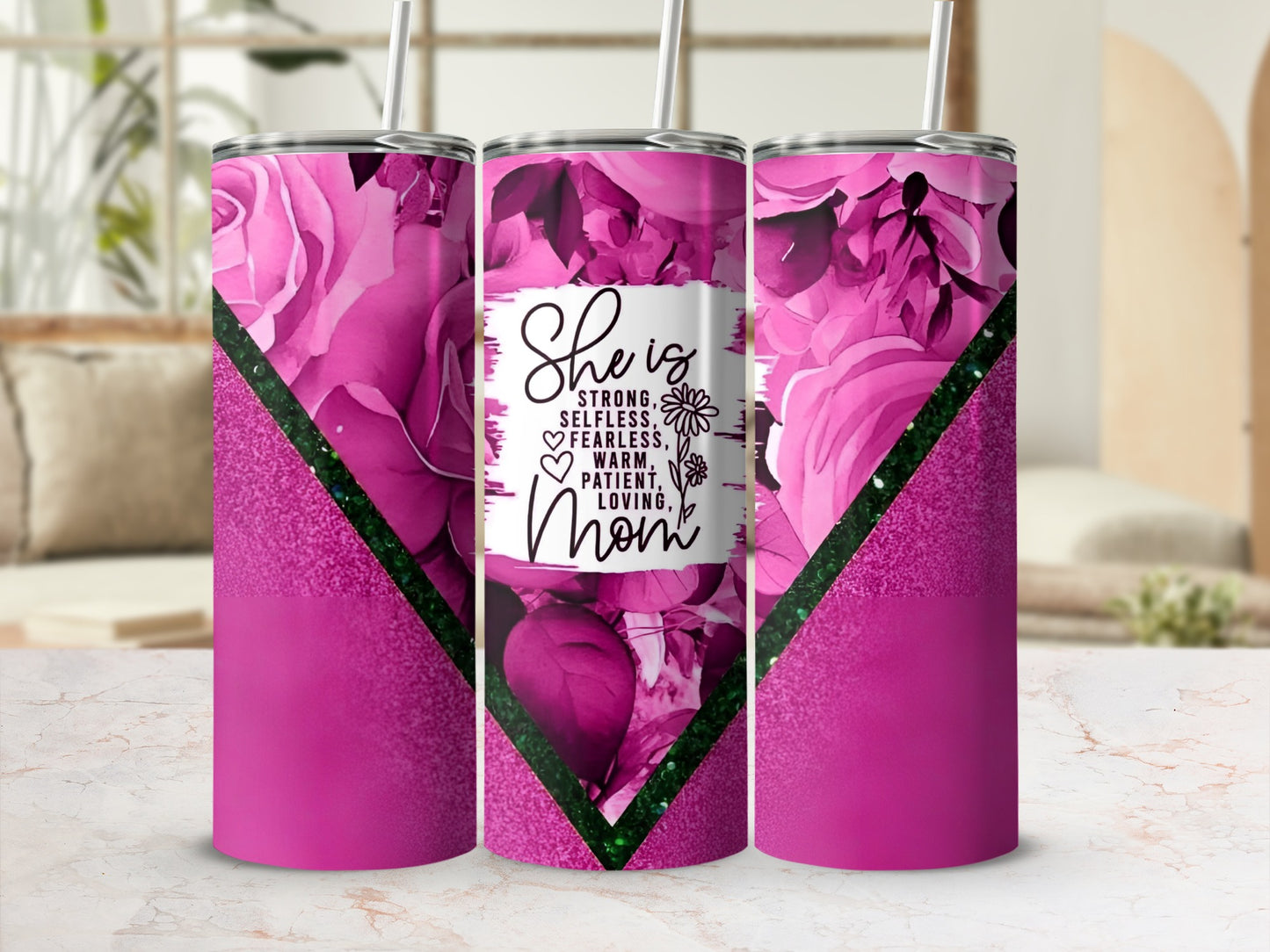 She is Strong Selfless Fearless Loving Mom tumbler