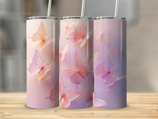Three tumblers with iridescent pink and purple butterflies.