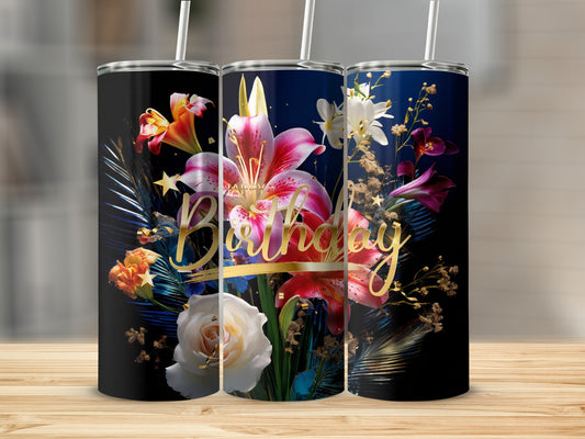 Three tall tumblers with floral designs and "Happy Birthday" text.