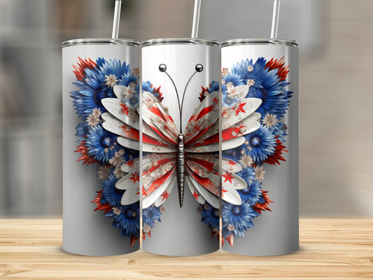 Three tumblers featuring a red, white, and blue butterfly design.