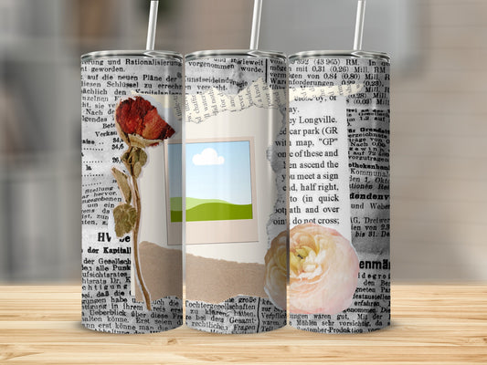 Collage of dried flowers and torn paper on travel tumblers.