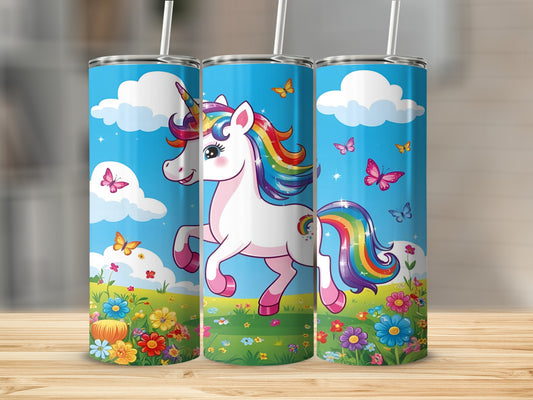 White unicorn with rainbow mane and tail, surrounded by flowers and butterflies.