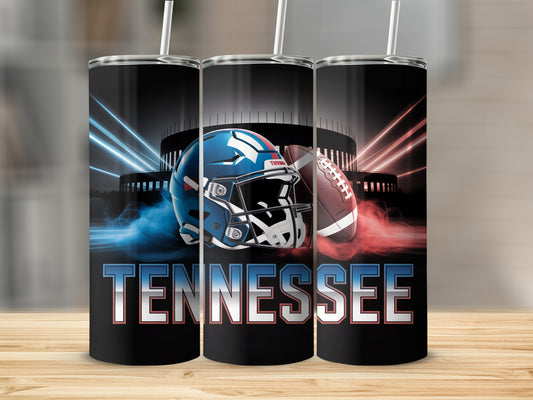 Tennessee Titans football helmet and ball with stadium background.