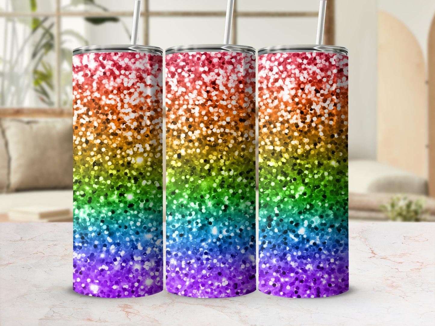 Rainbow Glitter Tumbler with Straw Stainless Steel Cup