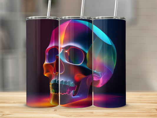 Three stylized, colorful glass skulls on a wooden surface.