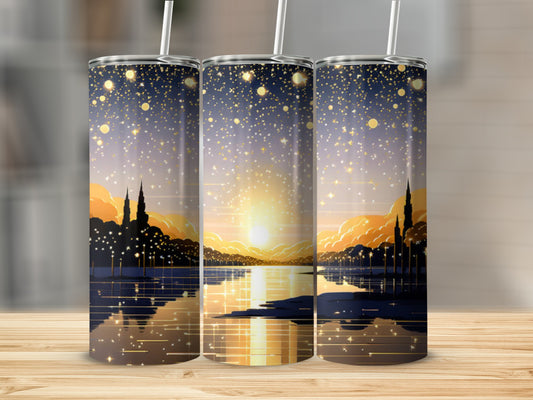 City skyline at sunset with glowing lights reflecting on water.