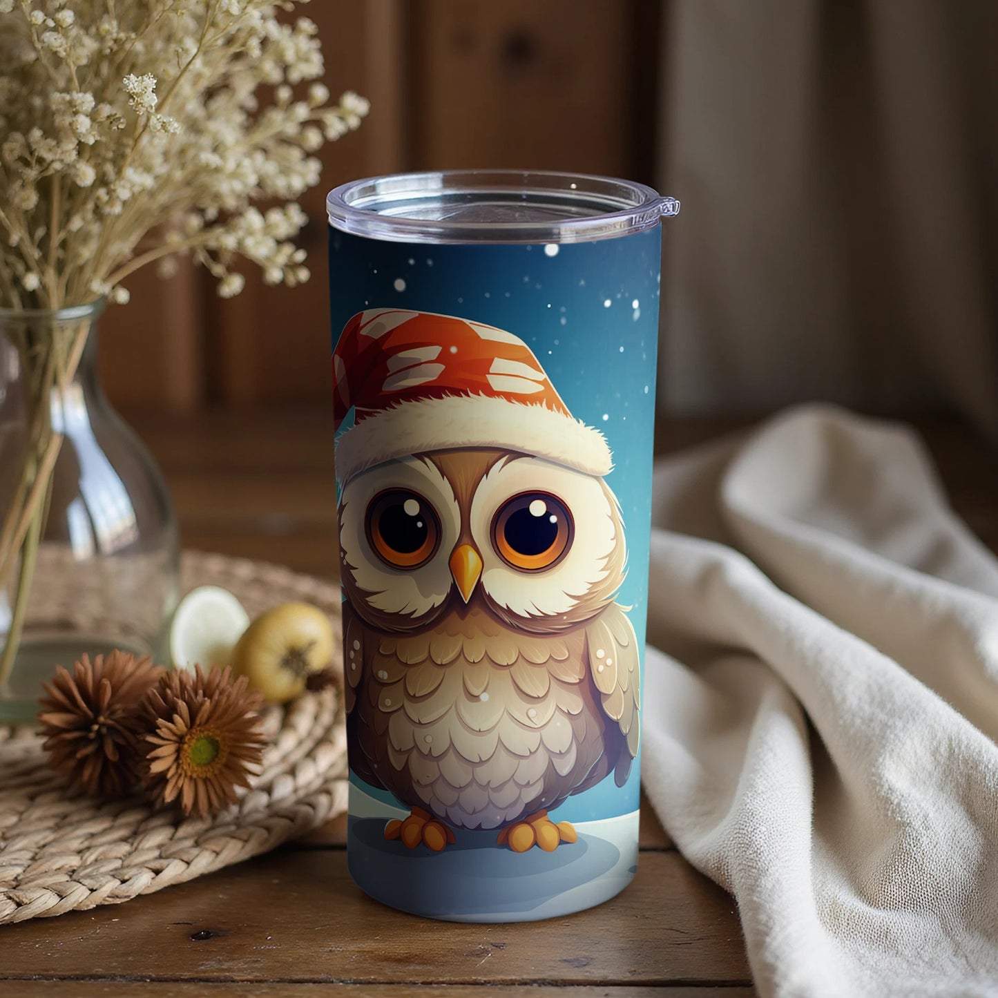 Cute Owl with Santa Hat Design Insulated Travel Tumbler