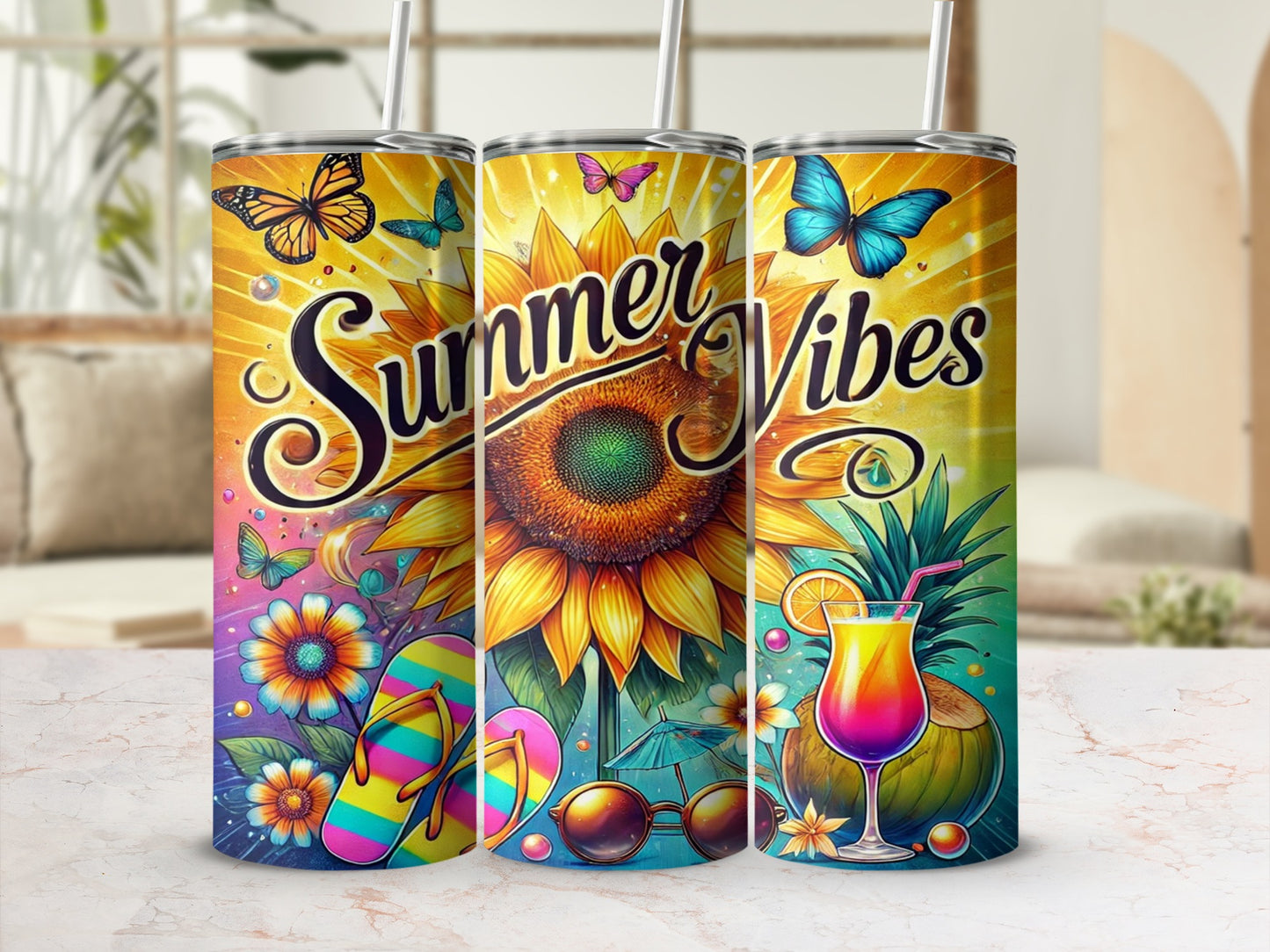 Colorful Tropical Summer Vibes Tumbler with Straw