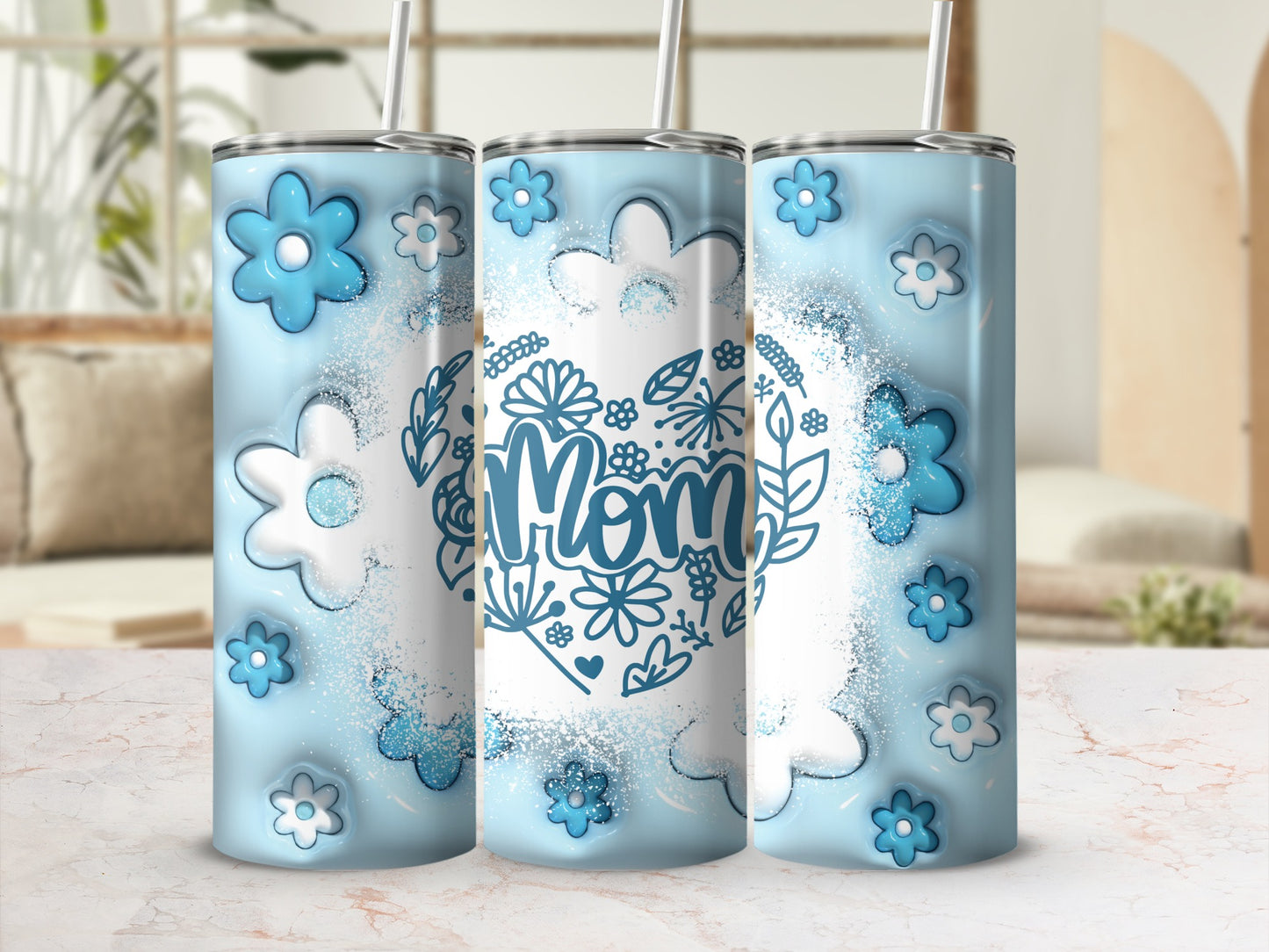Floral Blue and White Mom Design Tumbler