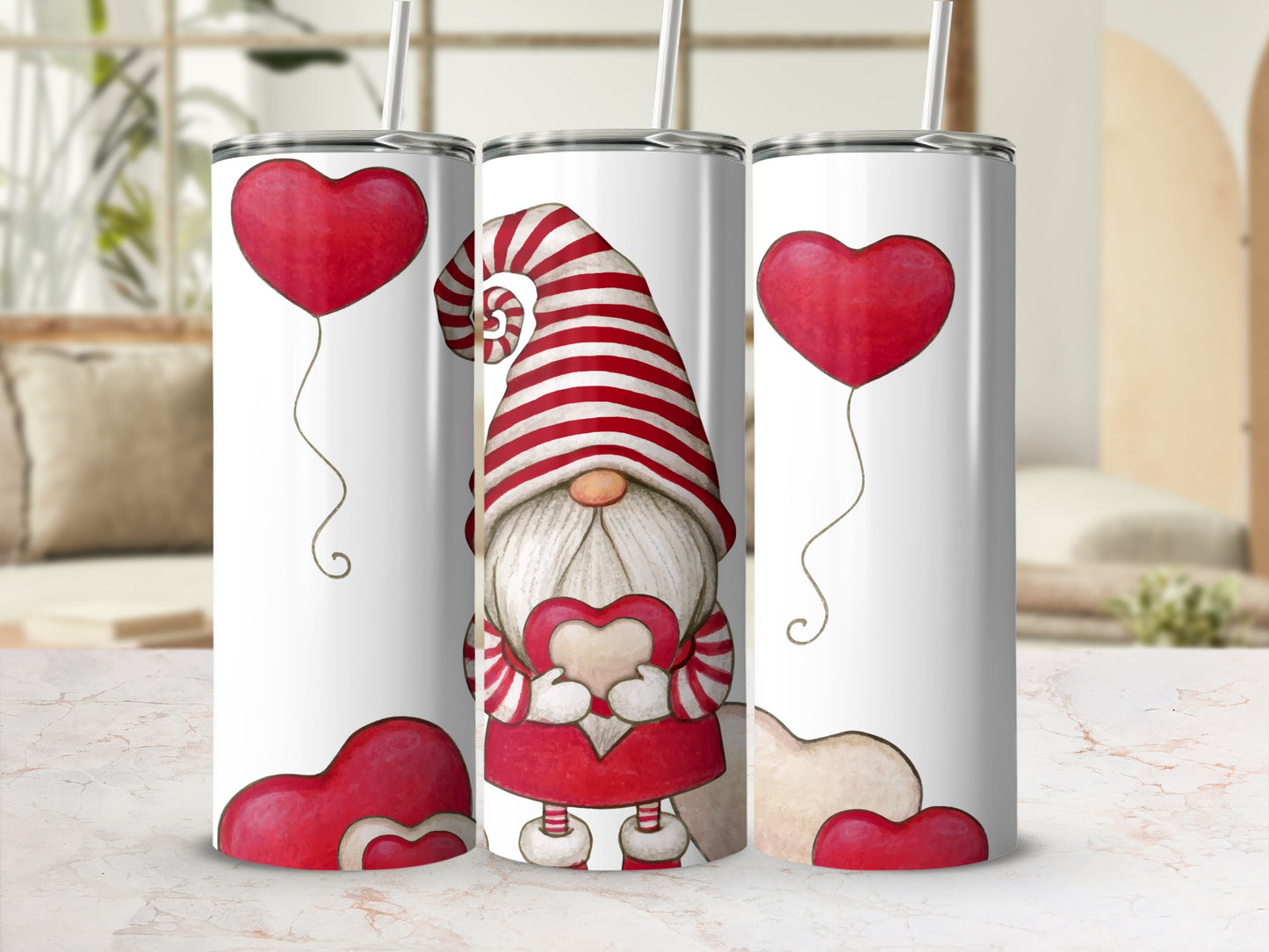 Cute Gnome Valentine and Heart Balloons Insulated Tumbler
