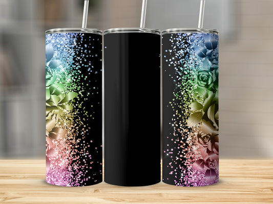 Black tumbler with rainbow glitter and rose accents on a wooden surface.