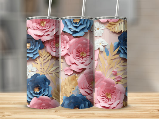 Three tumblers with pink, blue, and gold floral designs.