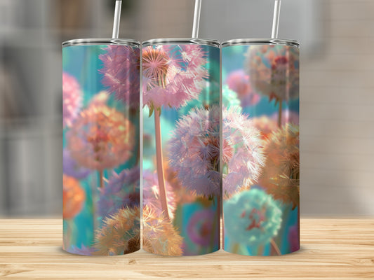 Three tumblers featuring a blurred dandelion floral design on a teal background.