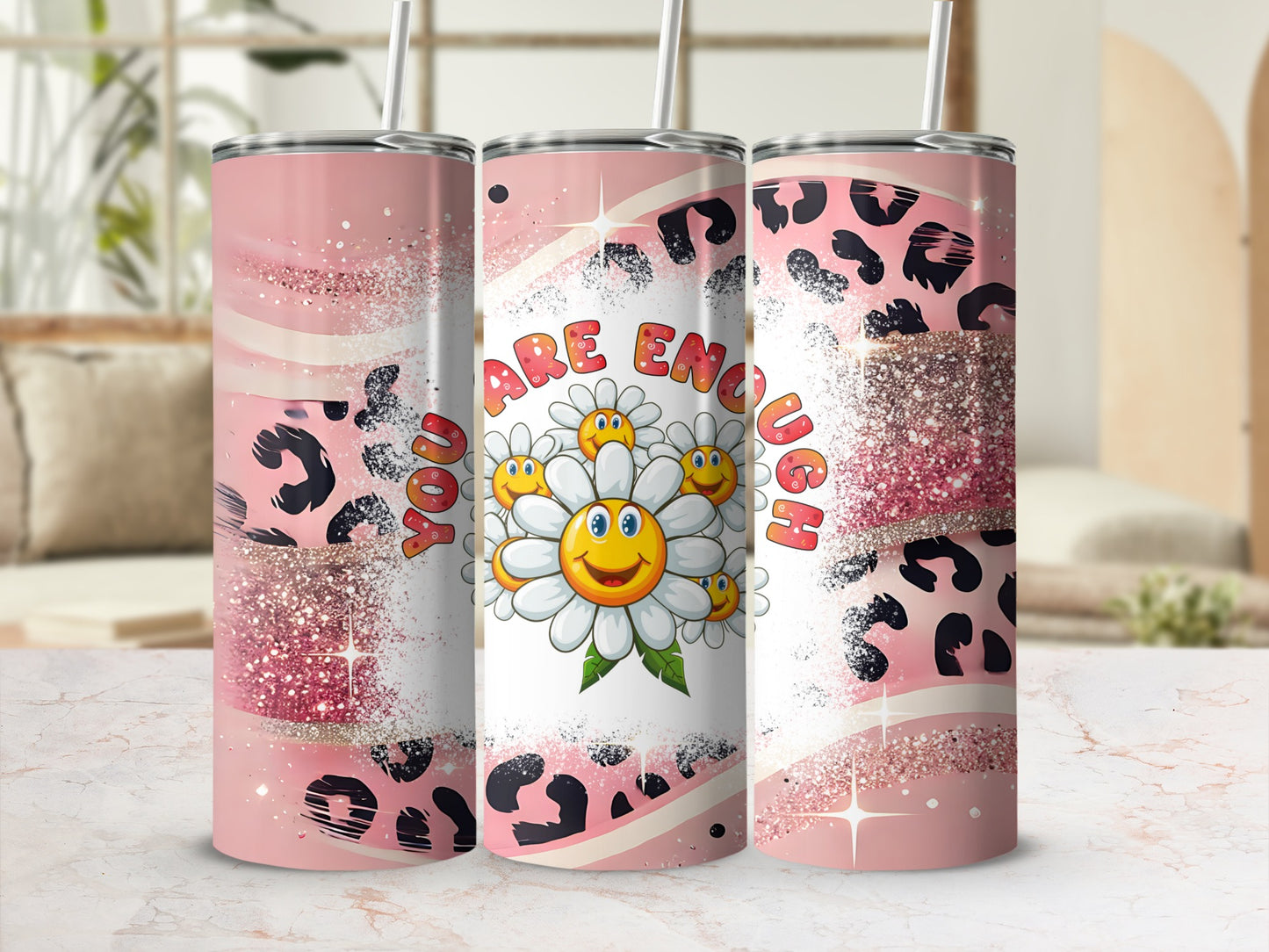 You Are Enough Floral Leopard Print Tumbler Cup