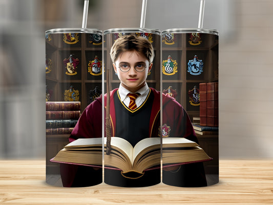 Harry Potter holding an open book in front of Hogwarts crests.