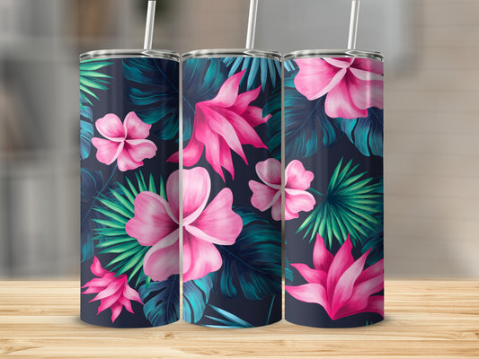 Three tumblers with a dark blue background and bright pink tropical flowers and green leaves.