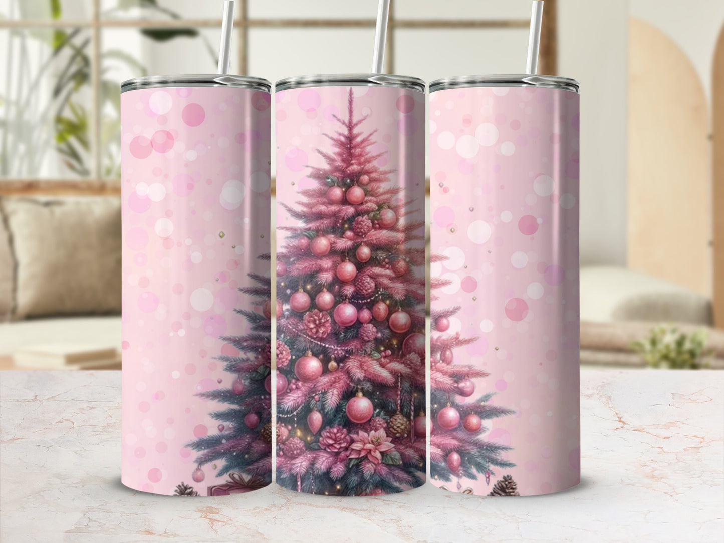 Pink Christmas Tree Tumbler with Festive Ornaments