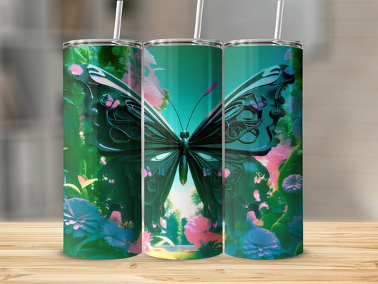 Three tumblers with a dark butterfly and floral pattern on a wooden surface.