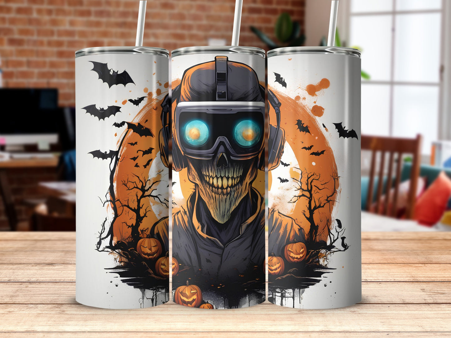 Halloween Cyber Skull Bats Trees Pumpkins Tumbler