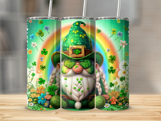 Leprechaun gnome with shamrocks, flowers, and rainbow design on tumblers.