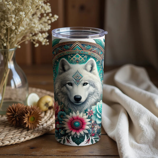 Majestic White Wolf with Floral Design Tumbler