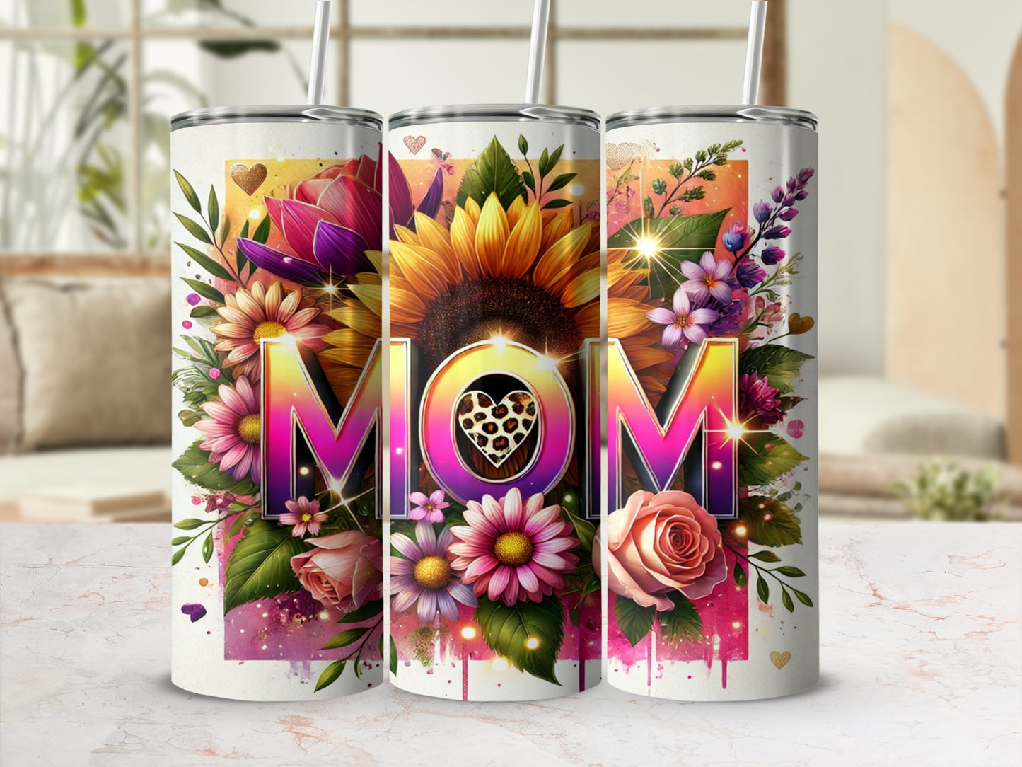 Colorful Floral Mom Design Tumbler With Straw Accessory