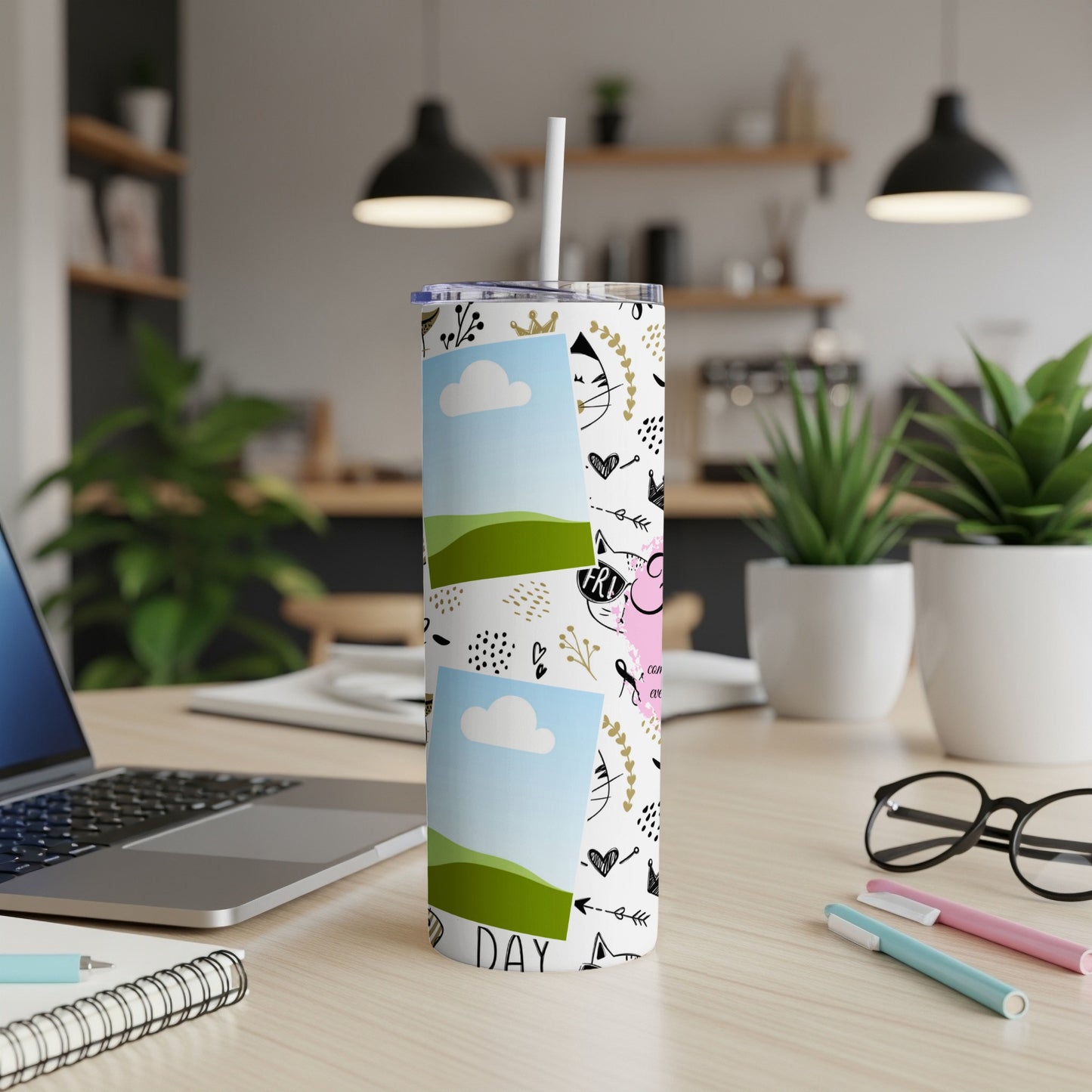 Tumbler with white background, cat faces, clouds, and hearts, two photo placeholders.