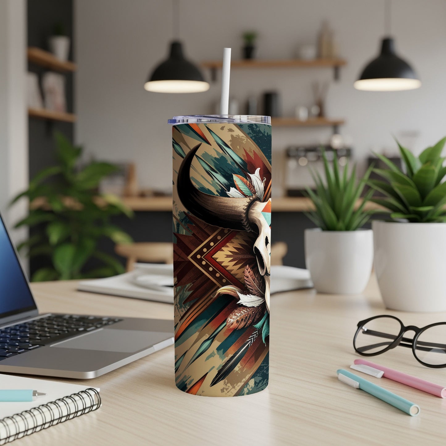 Cow skull and feathers design on a tall, slim tumbler with a straw.