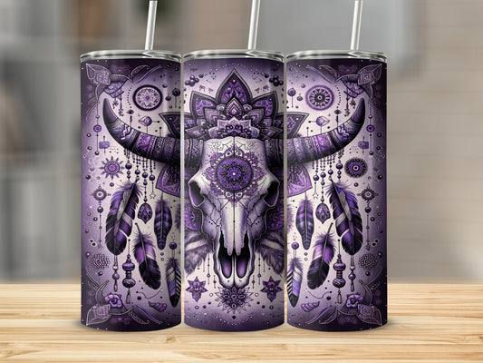 Purple tribal bull skull with dreamcatcher and feathers design on a tumbler.