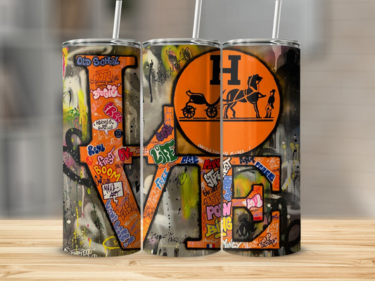 Three tumblers with graffiti art spelling "LOVE" and the Hermes horse logo.