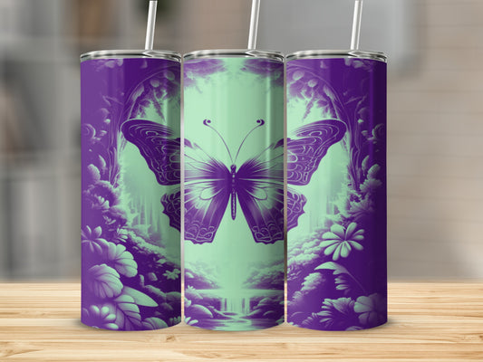 Purple butterfly and floral design on a cylindrical tumbler.
