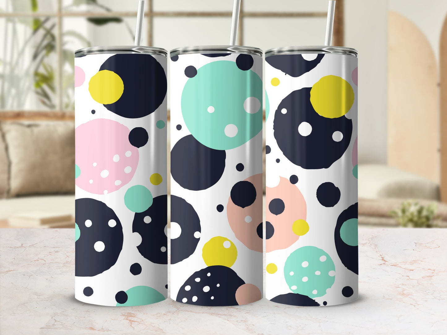 Colorful Polka Dot Patterned Travel Tumbler Product