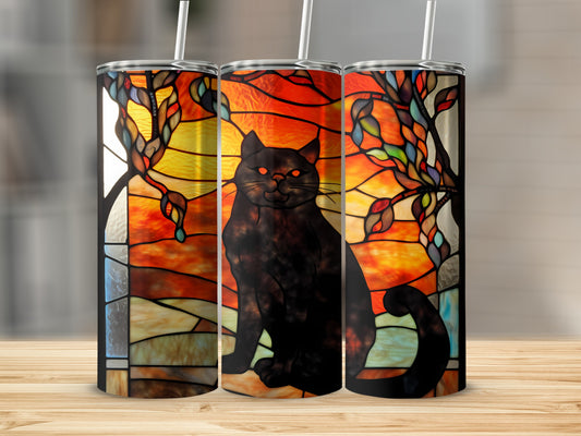 Black cat with glowing red eyes against a stained-glass window.