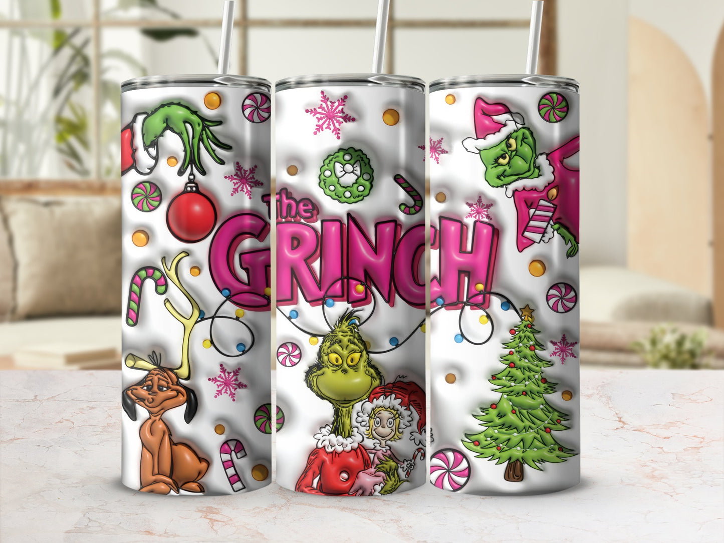 The Grinch Holiday Tumbler with Christmas Decorations