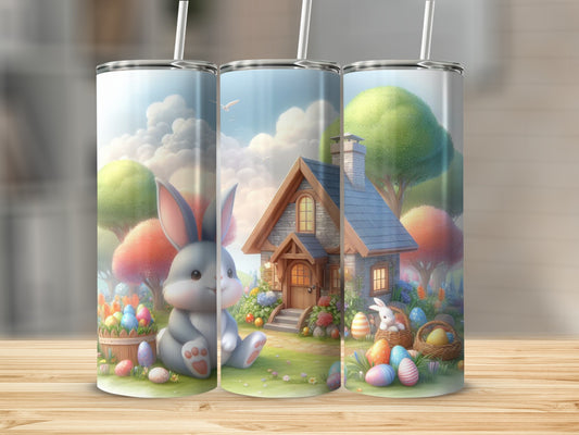 Easter bunny and decorated eggs by a cottage in a colorful spring landscape.