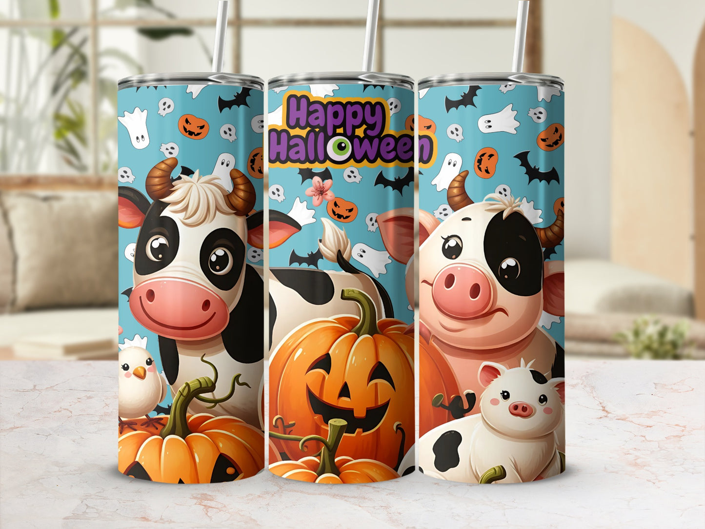 Happy Halloween Cow and Pumpkin Design Tumbler