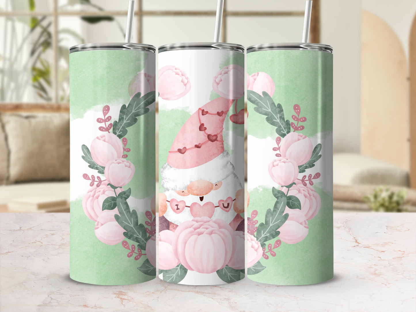 Santa Gnome with Pink Flowers Skinny Tumbler