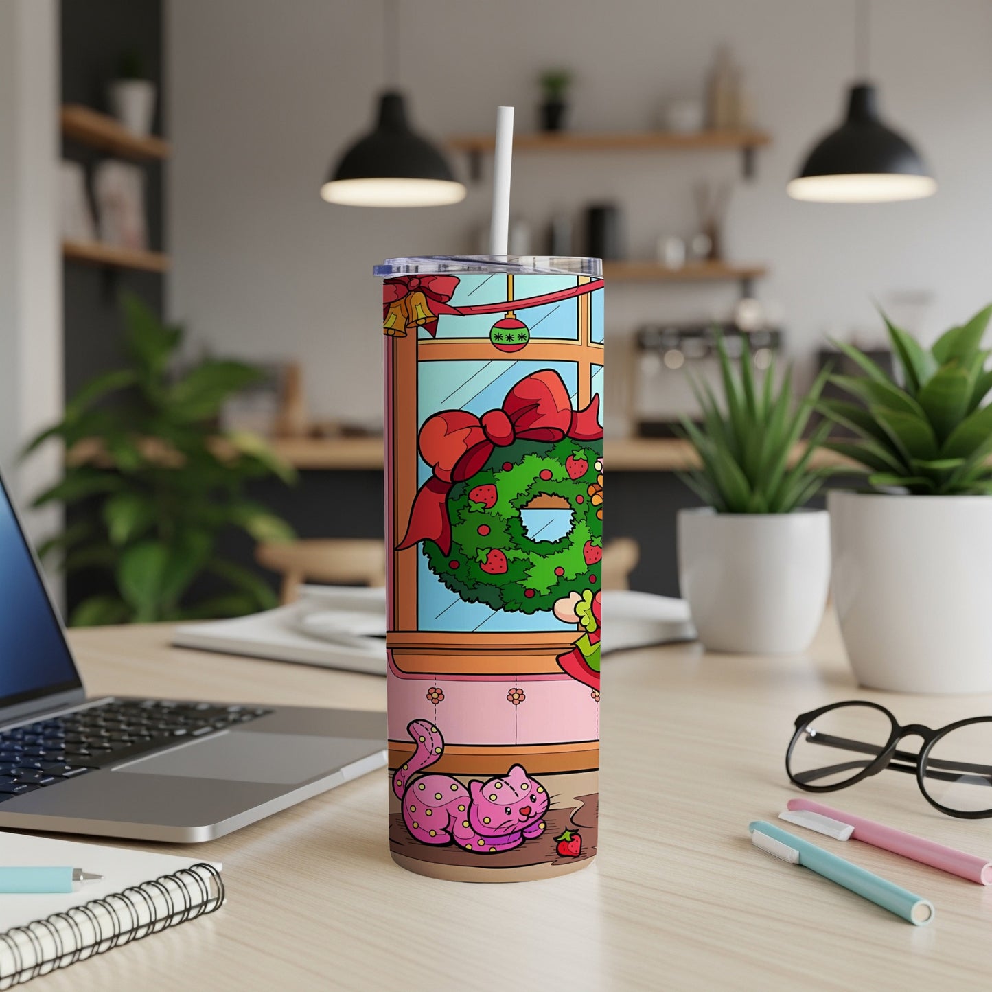 Festive Christmas tumbler with cat, wreath, and cheerful holiday scene.