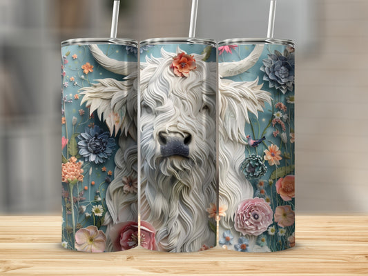 White Highland cow with floral background on three tumblers.